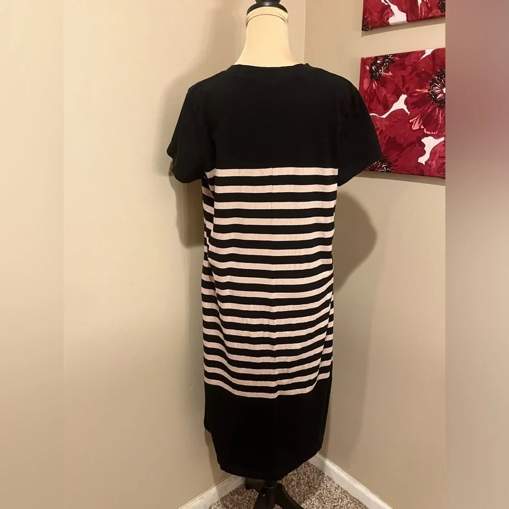 J.Crew Women Black Beige Striped Cotton Midi T-shirt Dress S with Side Slit, XL